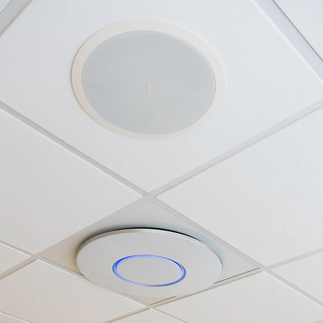 Sound system installed in ceiling at corporate office.
