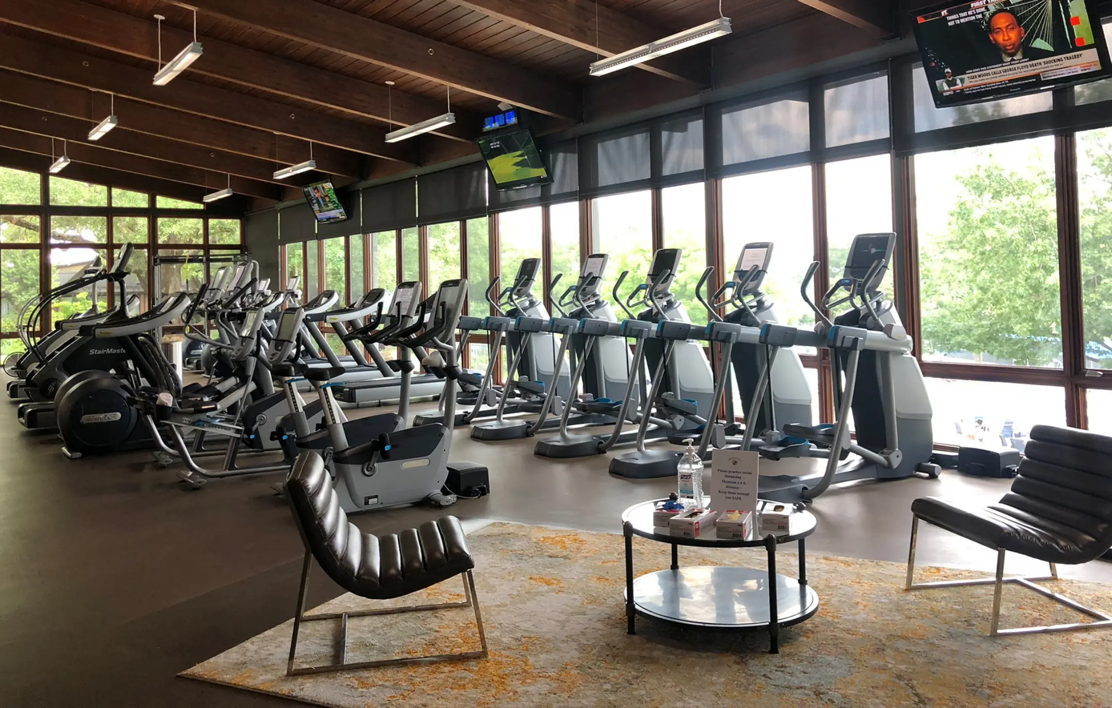Country club fitness center audio video installation for treadmills, ellipticals and bikes.