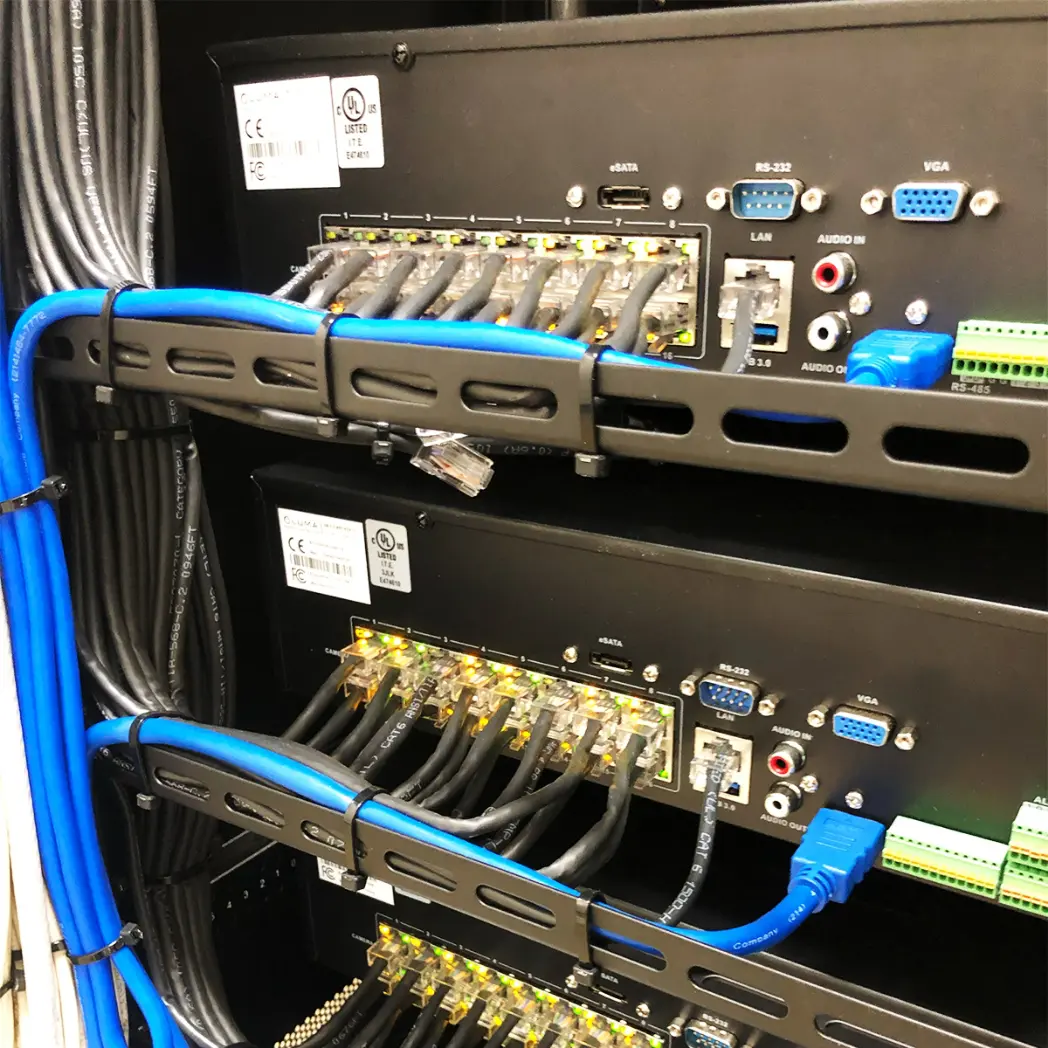 AV rack cabling at industrial facility.