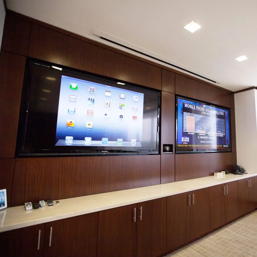 Office conference room dual screen programming and customization.