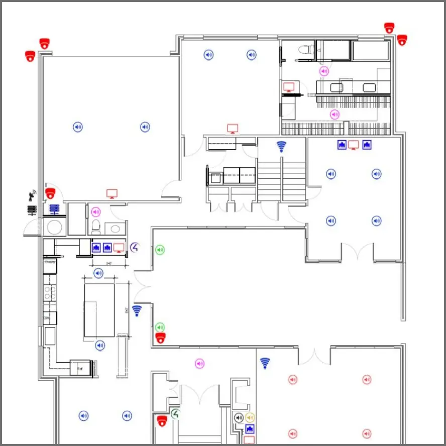 Home floor plan with electronics system device layout.