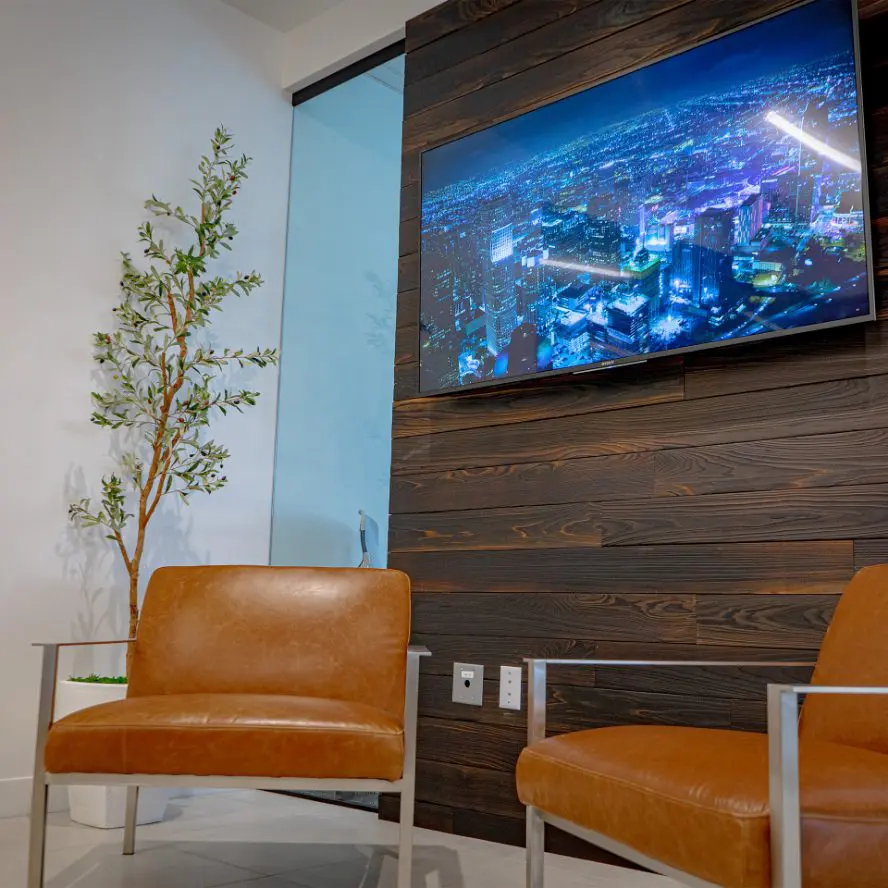 Office lobby with professionally installed television screen.