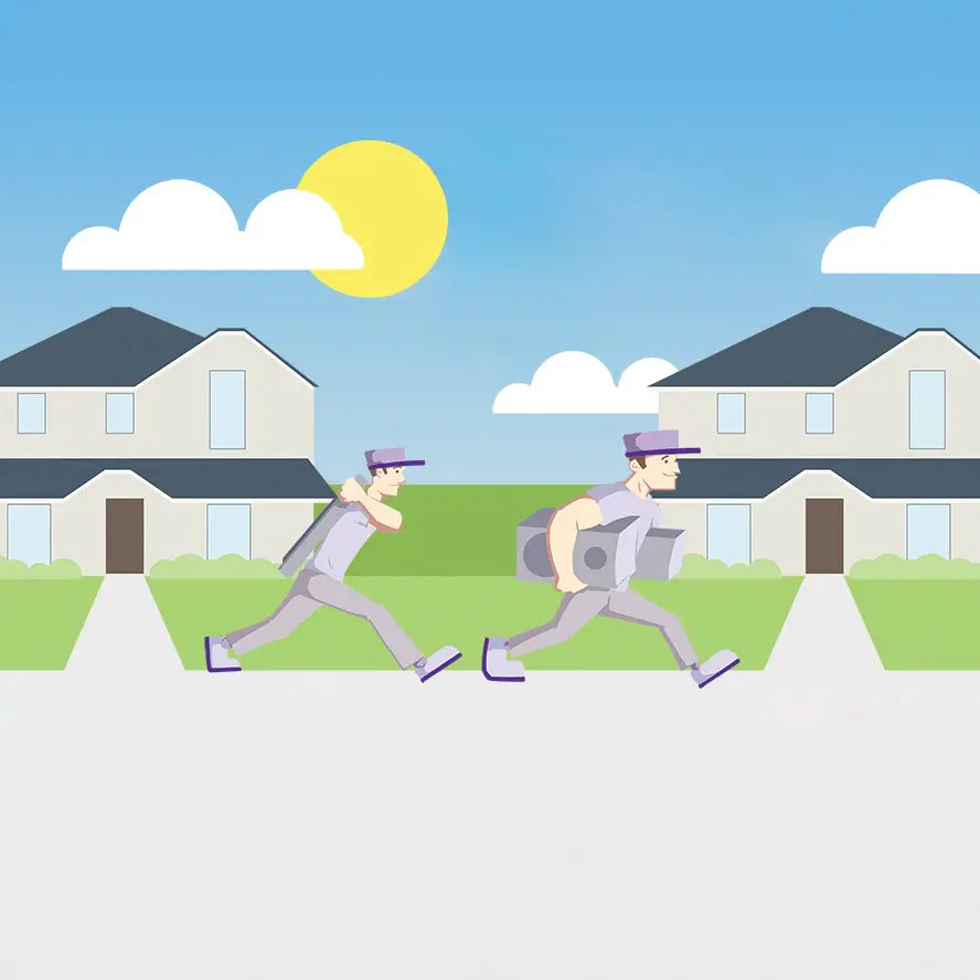 Illustration of electronics installers outside neighborhood homes.